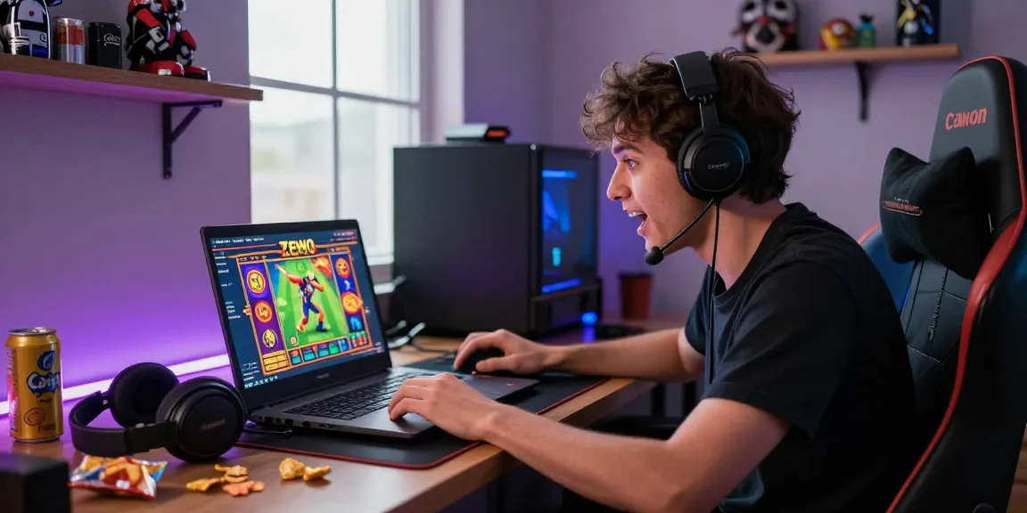 Player enjoying the demo zeus slot game on a laptop in an energetic gaming setup.