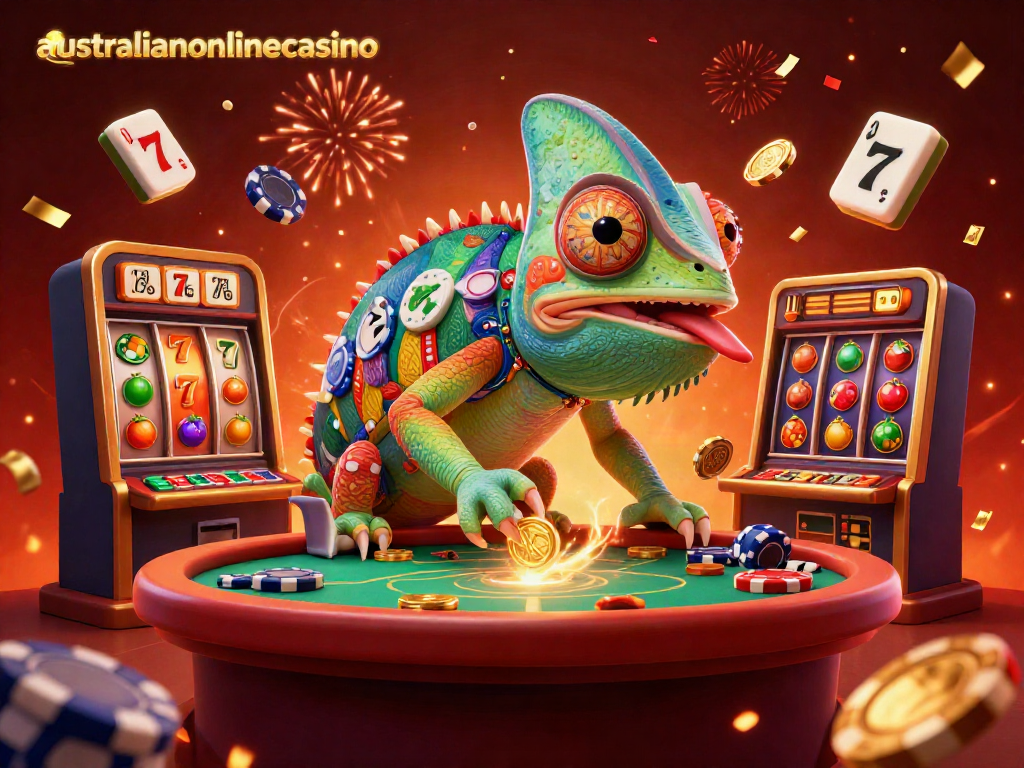 Experience the excitement of australianonlinecasino with a colorful chameleon and vibrant gaming elements.