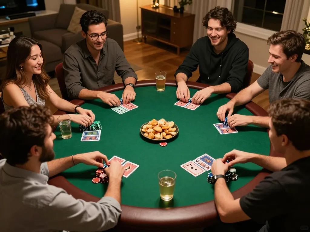 Malam poker Boba99 dengan pemain yang terlibat dalam kompetisi ramah, chip dan kartu terlihat, suasana sosial yang nyaman