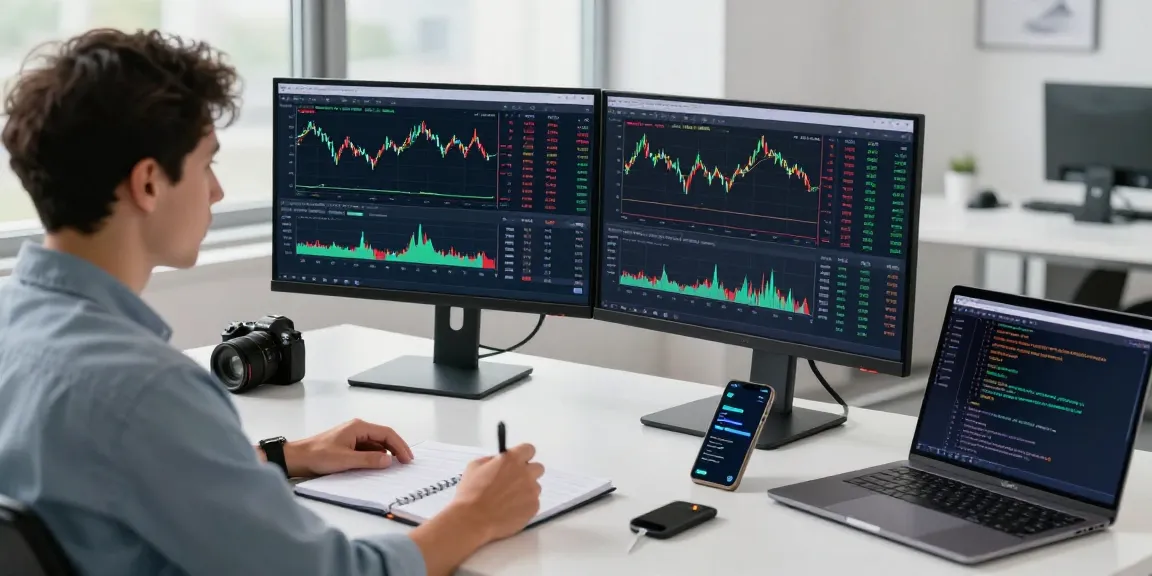 Trader analyzing MT5 charts and data in a modern office with multiple screens.