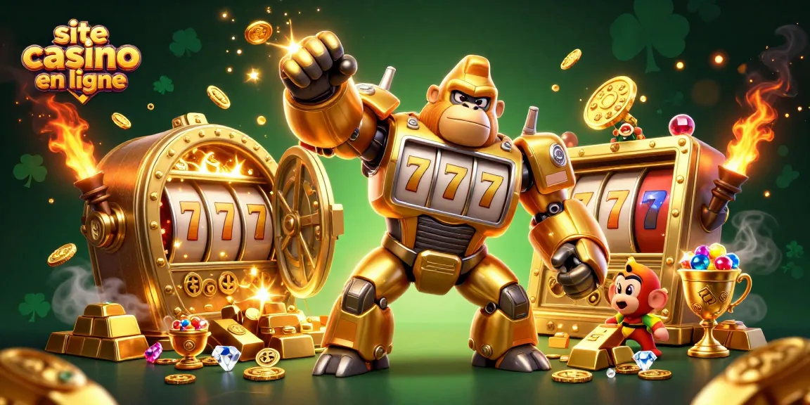 Plongée dans l'univers fascinant du site casino en ligne avec un mécha gorille transformateur en or et des éléments de machines à sous.