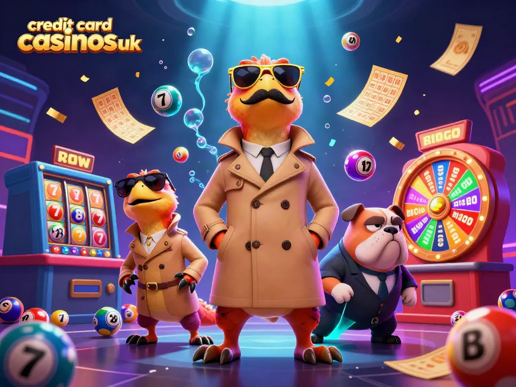 Engage with credit card casinos UK as raptors humorously attempt VIP entry, surrounded by vibrant gaming elements.