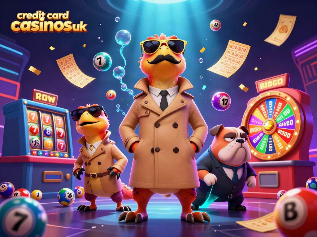 Engage with credit card casinos UK as raptors humorously attempt VIP entry, surrounded by vibrant gaming elements.