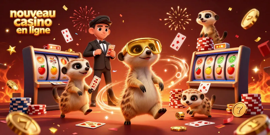Nouveau casino en ligne avec des suricates animés maniants des jetons, des cartes et des rouleaux de machines à sous.