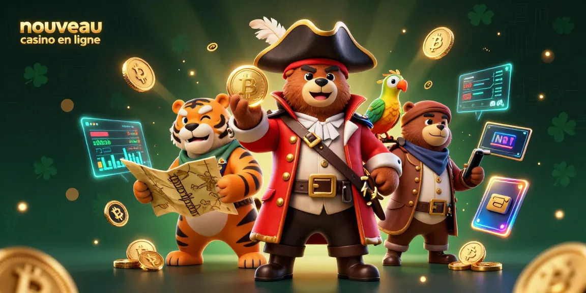 Découvrez le nouveau casino en ligne avec un ours pirate et un tigre, entourés de pièces de crypto.
