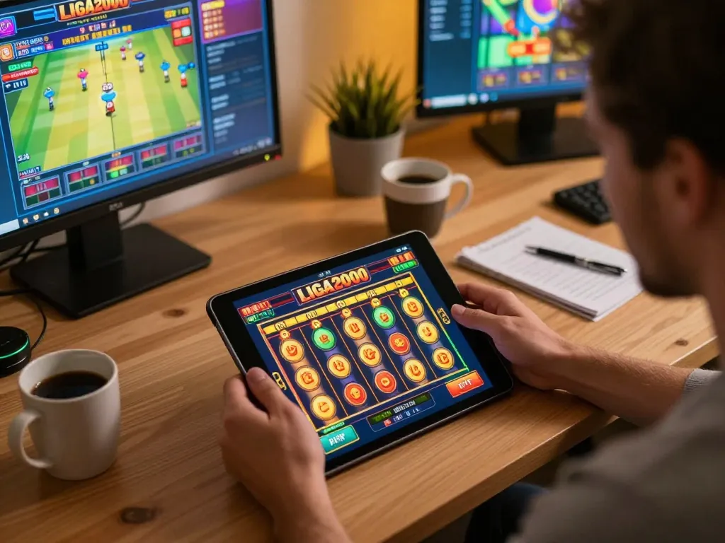 LIGA2000 player immersed in an exciting online slot game on a tablet in a cozy modern home.