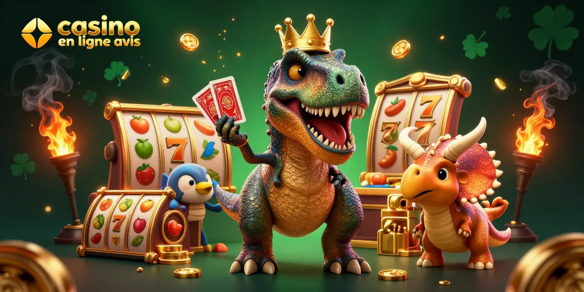 Évaluez les jeux avec un T-Rex royal dans cet aperçu casino en ligne avis, illustrant l'excitation des machines à sous.
