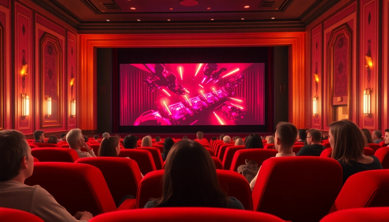 ดูหนังในโรงภาพยนตร์ที่สะดวกสบาย ดูผู้ชมมีความสุขและตื่นเต้น