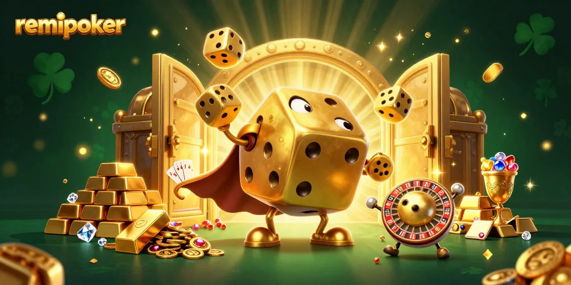 Experience remipoker excitement with a dynamic 3D illustration of golden dice and casino elements.