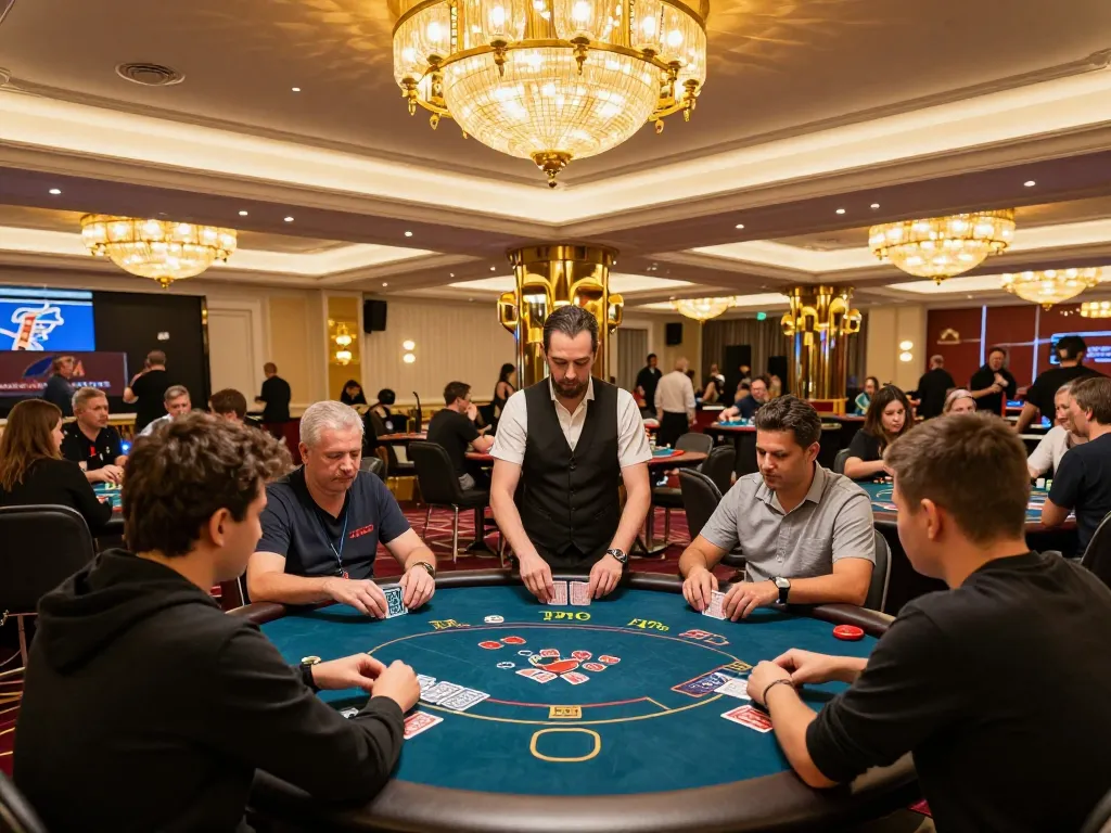 Players strategizing at the poker table in a vibrant casino, showcasing migliori siti scommesse stranieri.