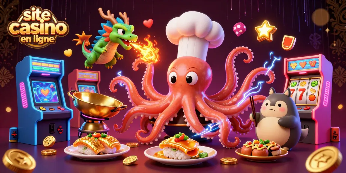 Animation dynamique d'un site casino en ligne avec un chef sushi, un dragon et un client tanuki.