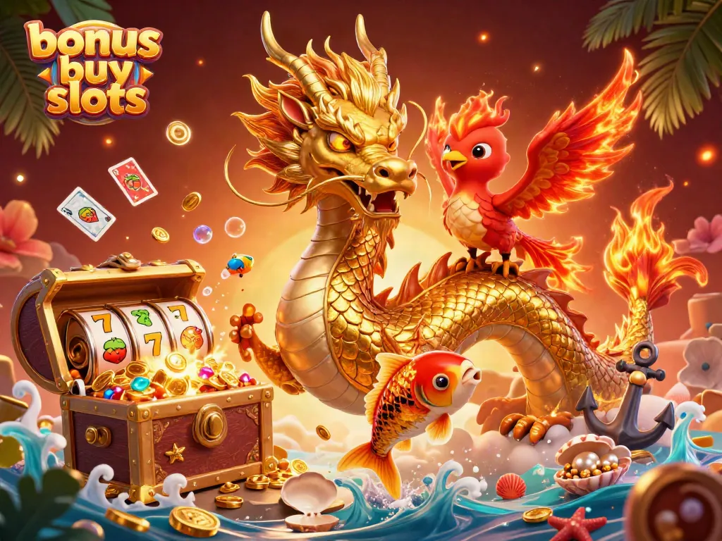 Experience exciting bonus buy slots with a powerful dragon and vibrant casino elements.