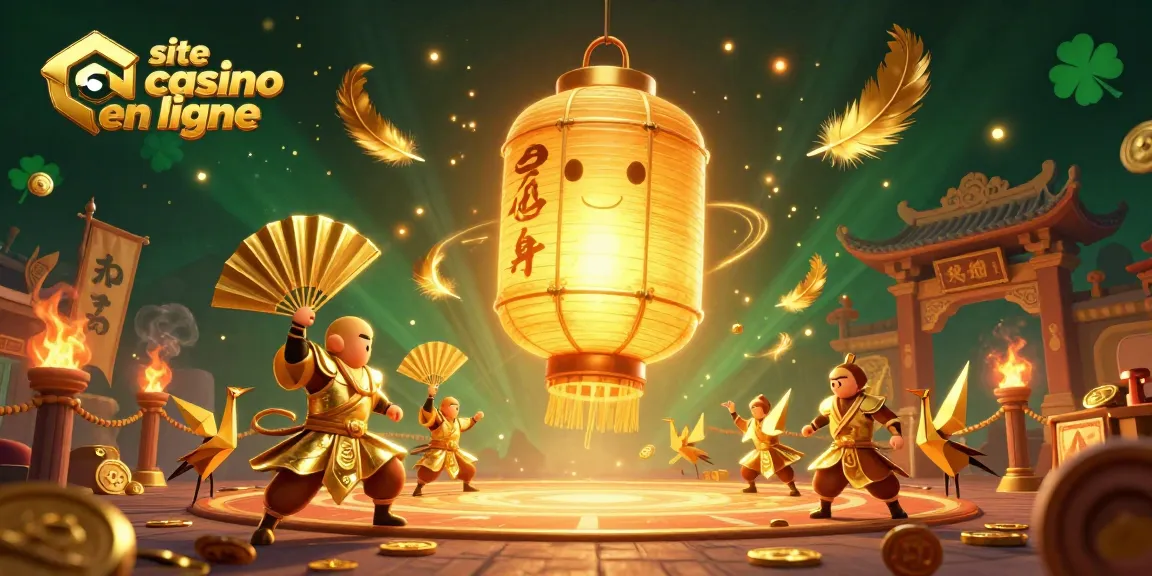 Accédez à un site de casino en ligne avec un esprit en lanterne dorée sous un casino animé.