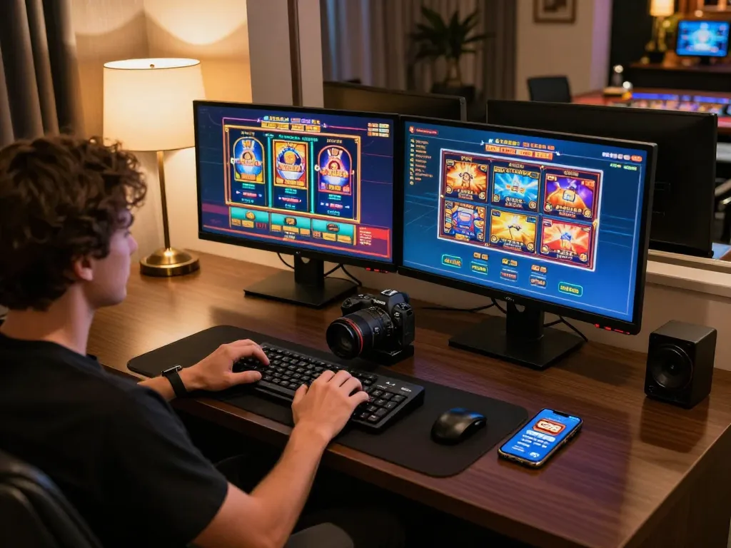 Person engaging in online gaming with G28 app on multiple screens in a stylish home setting