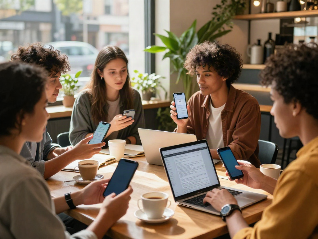 Group discussing alternatives to QOVES in a coffee shop, showcasing beauty apps.