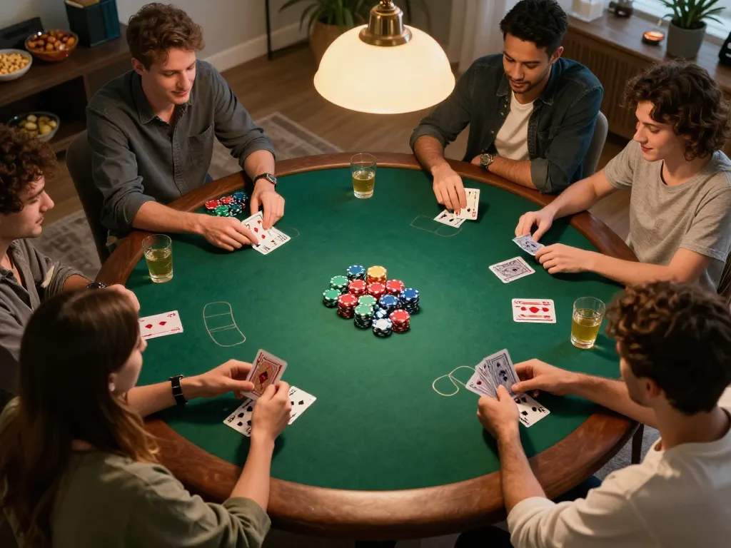 Players enjoying a poker game at home, showcasing the Thương hiệu Bet88 atmosphere with lively interactions and strategy.