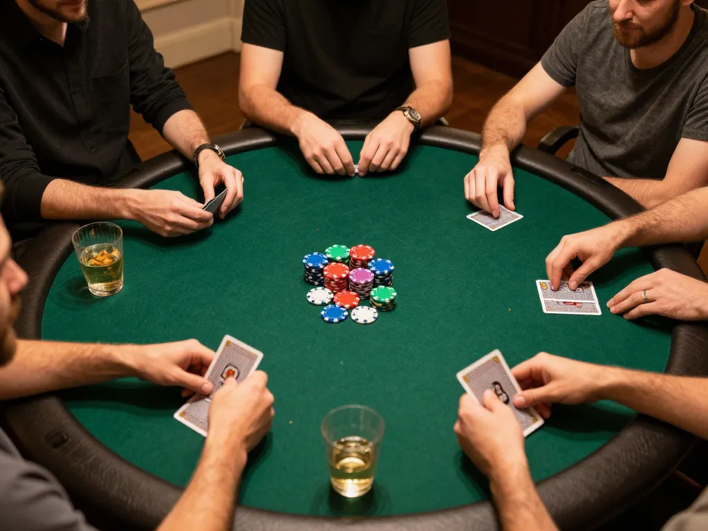 Players enjoying a home poker game with hidden wiki-themed atmosphere and vibrant chip stacks.