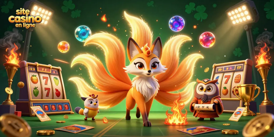 Illustration dynamique d'un site casino en ligne avec un renard à neuf queues et des éléments de machines à sous.