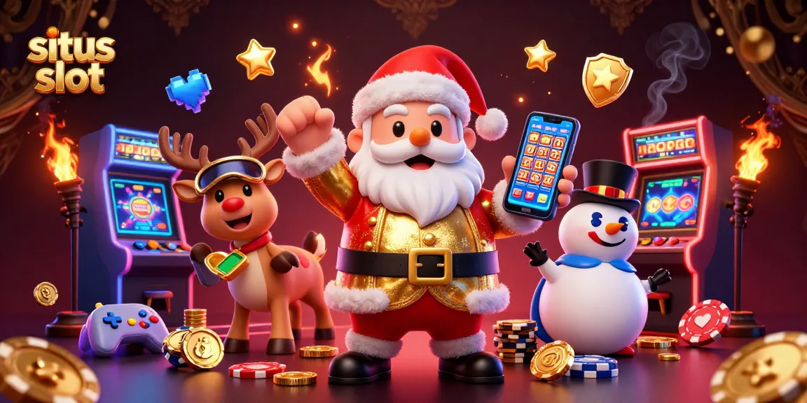 Cheerful Santa celebrating big wins at situs slot with colorful reels and dynamic gaming elements