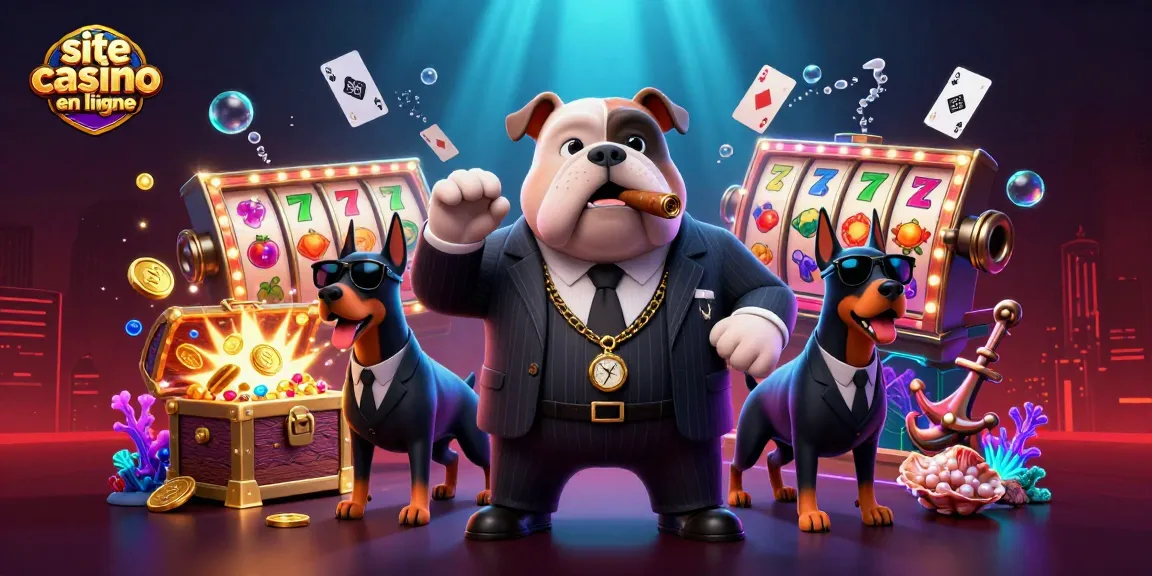 Site casino en ligne avec bulldog mafieux et machines à sous colorées.