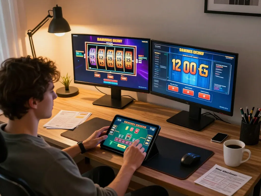 Engaging with sc888 online poker game on tablet, surrounded by a cozy home office setting