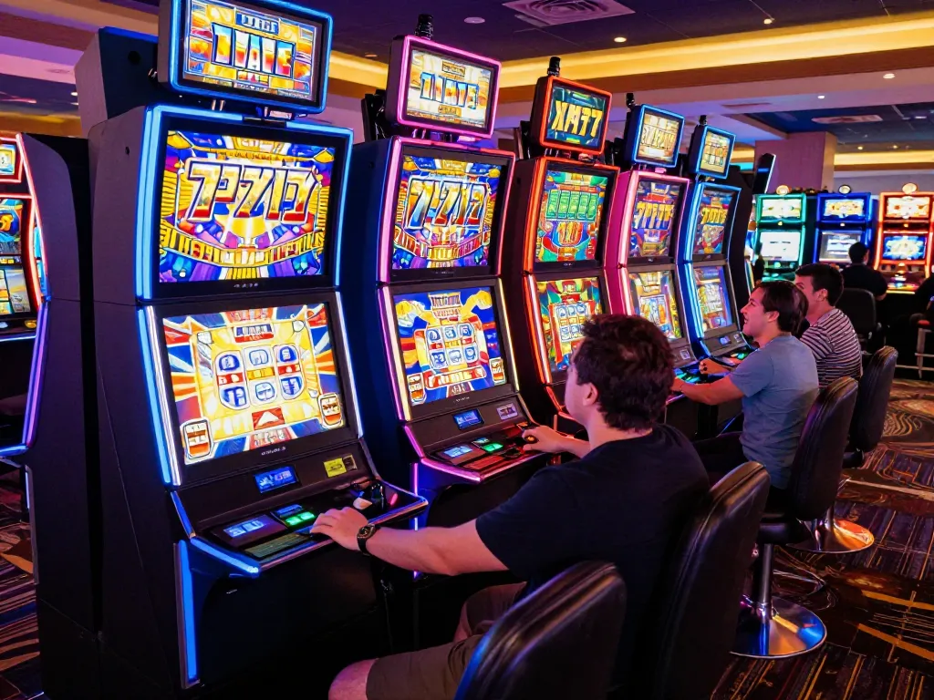 Players enjoying intense action at slot777 machines in a vibrant casino, colorful lights enhancing the excitement.