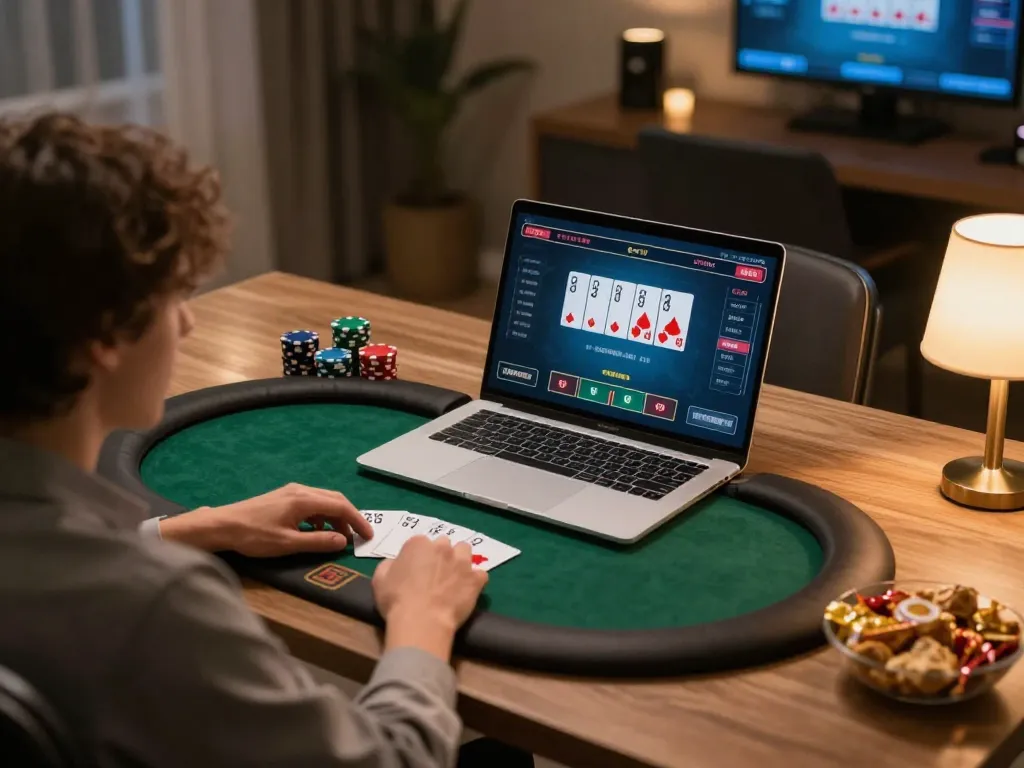Engaging in a strategic kubet poker game on a laptop in a cozy home setup.