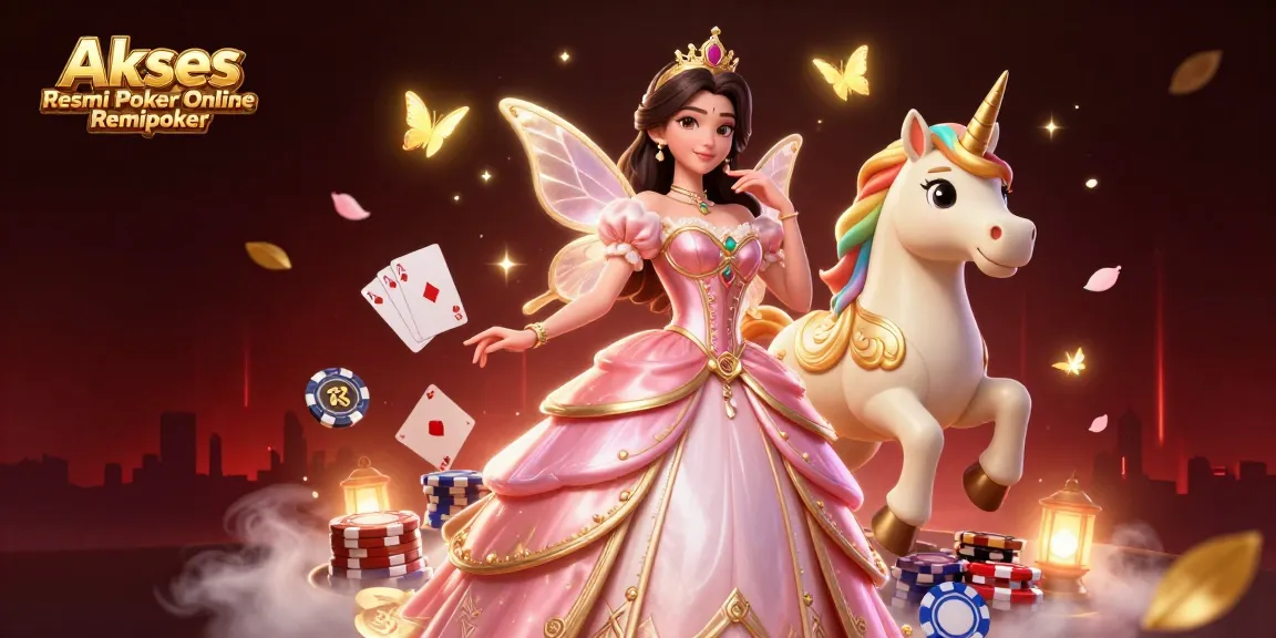 Akses Resmi Poker Online Remipoker showcases an enchanting scene with a glamorous woman, golden unicorn, and poker elements.