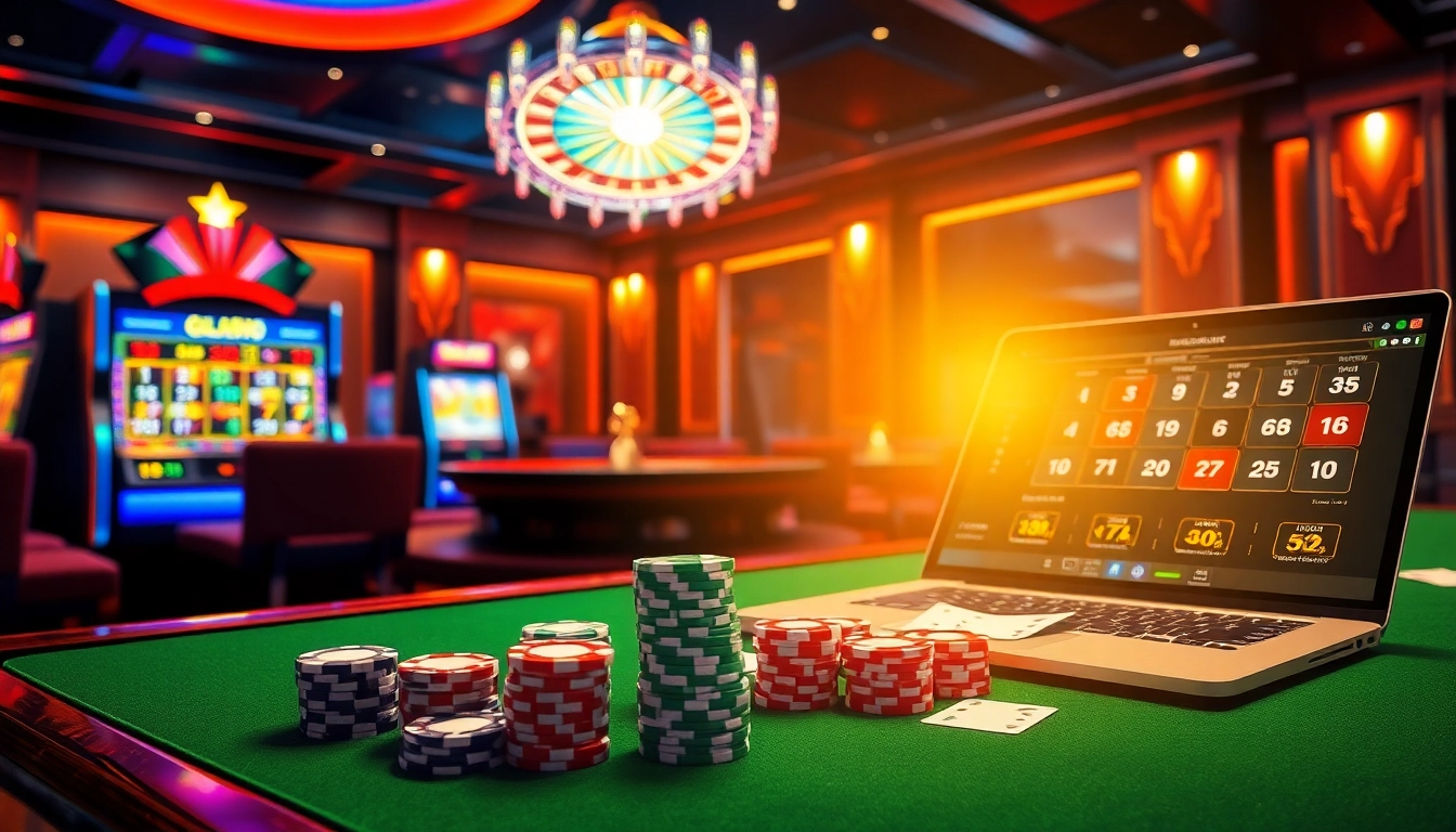 Une scène palpitante d'un casino en ligne fiable avec des tables de jeu vibrantes, des jetons de poker et une roulette qui tourne.