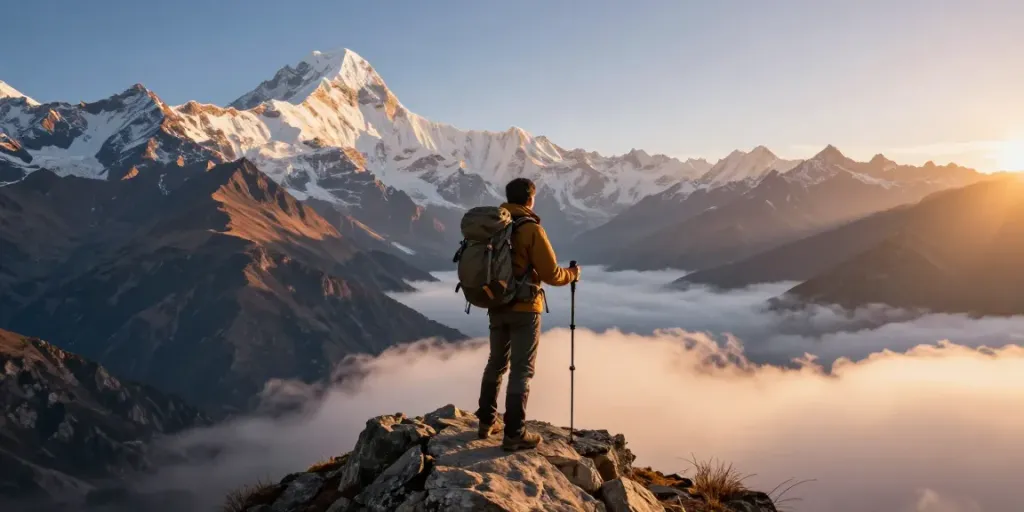 Trek to Manaslu Circuit at sunrise with traveler overlooking breathtaking mountain panorama during adventure.