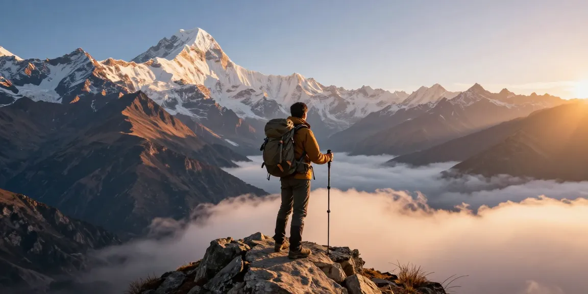 Trek to Manaslu Circuit at sunrise with traveler overlooking breathtaking mountain panorama during adventure.