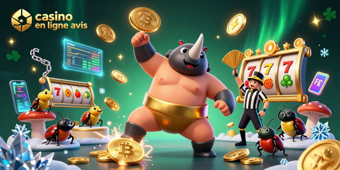 Avis sur les casinos en ligne : illustration dynamique avec des personnages de casino et éléments de gains.