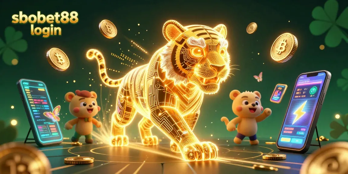 Experience sbobet88 login with a vibrant digital casino scene featuring a neon tiger and crypto elements.