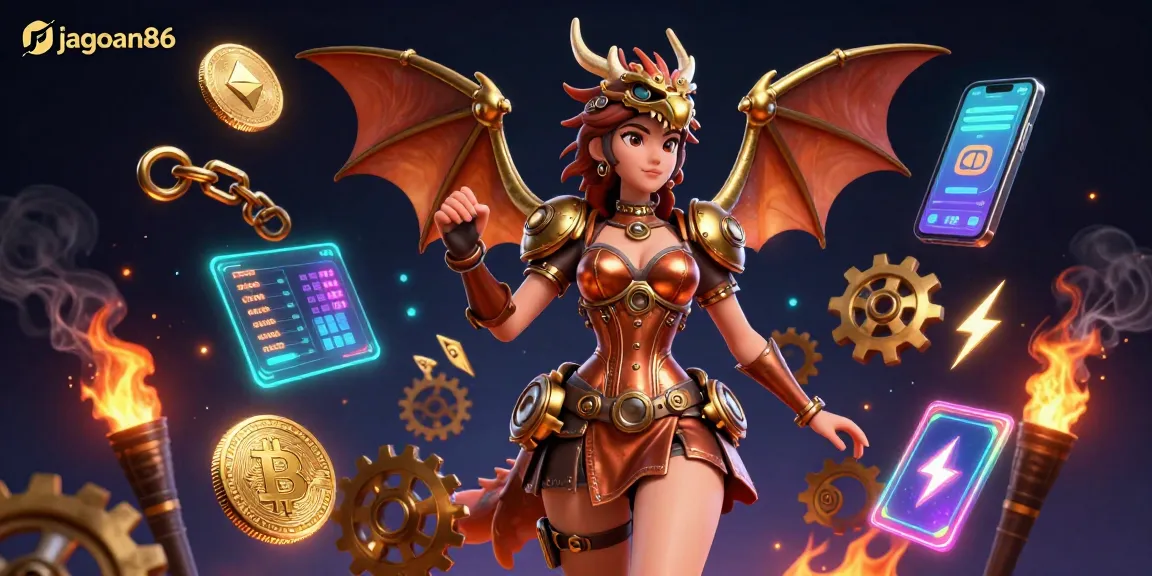 Engage with jagoan86 in a vibrant 3D casino scene, showcasing crypto elements and gaming excitement.