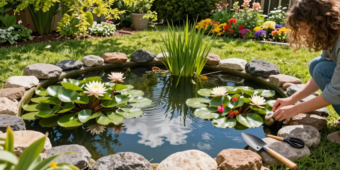 Pond plants flourishing in a serene home garden pond during a sunny day.