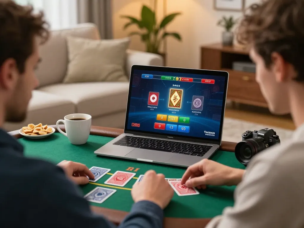 Player enjoying jmb88 live blackjack from home, showcasing strategic gameplay with laptop and snacks.