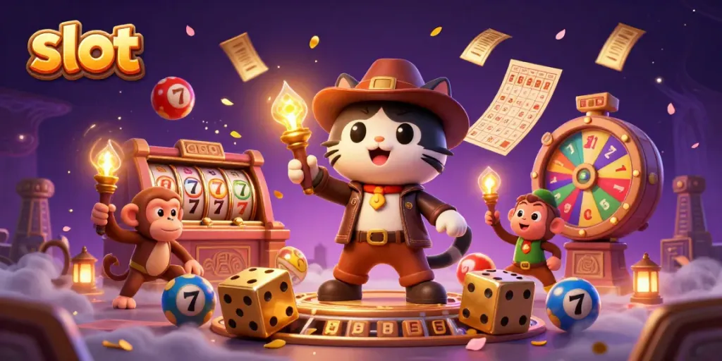 Menggali slot gacor dengan penjelajah kucing dan monyet, dikelilingi bola lotere berwarna-warni.