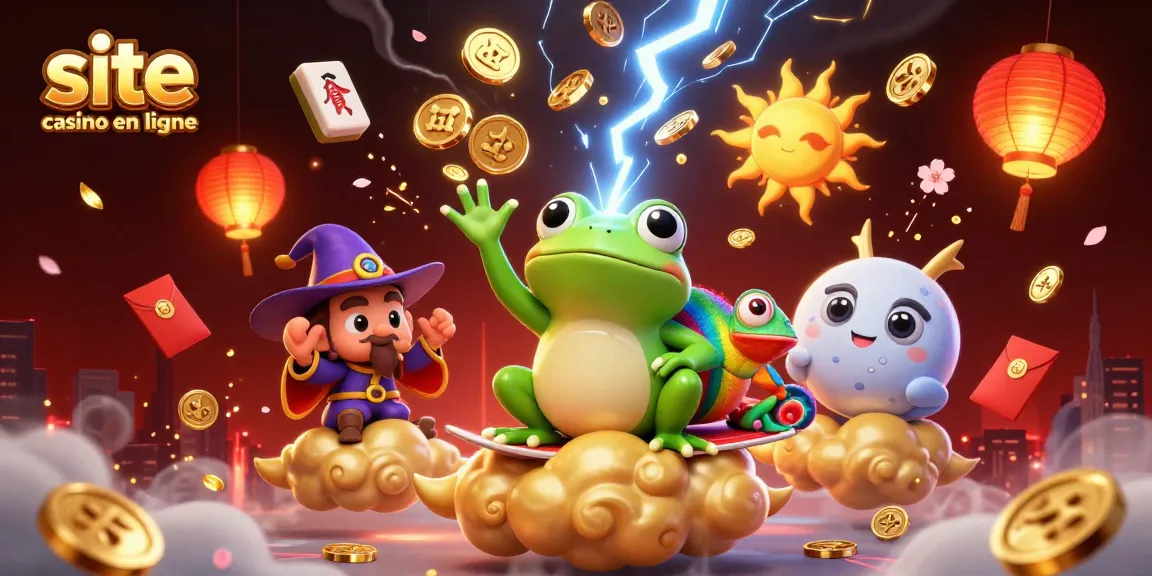 Illustration dynamique de casino en ligne avec des personnages de jeux et jetons au milieu d'une tempête de pièces d'or.