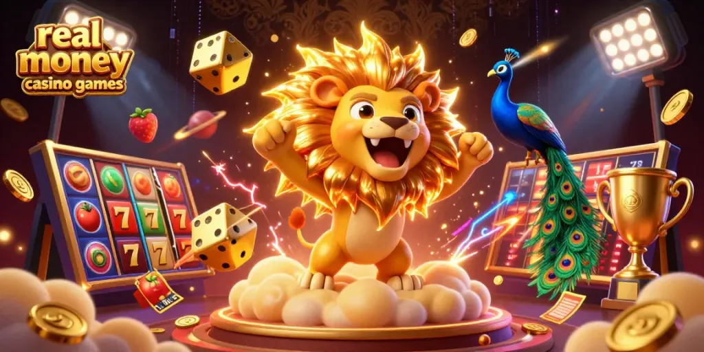 Experience the excitement of real money casino games with dynamic elements and stunning visuals in this captivating illustration.