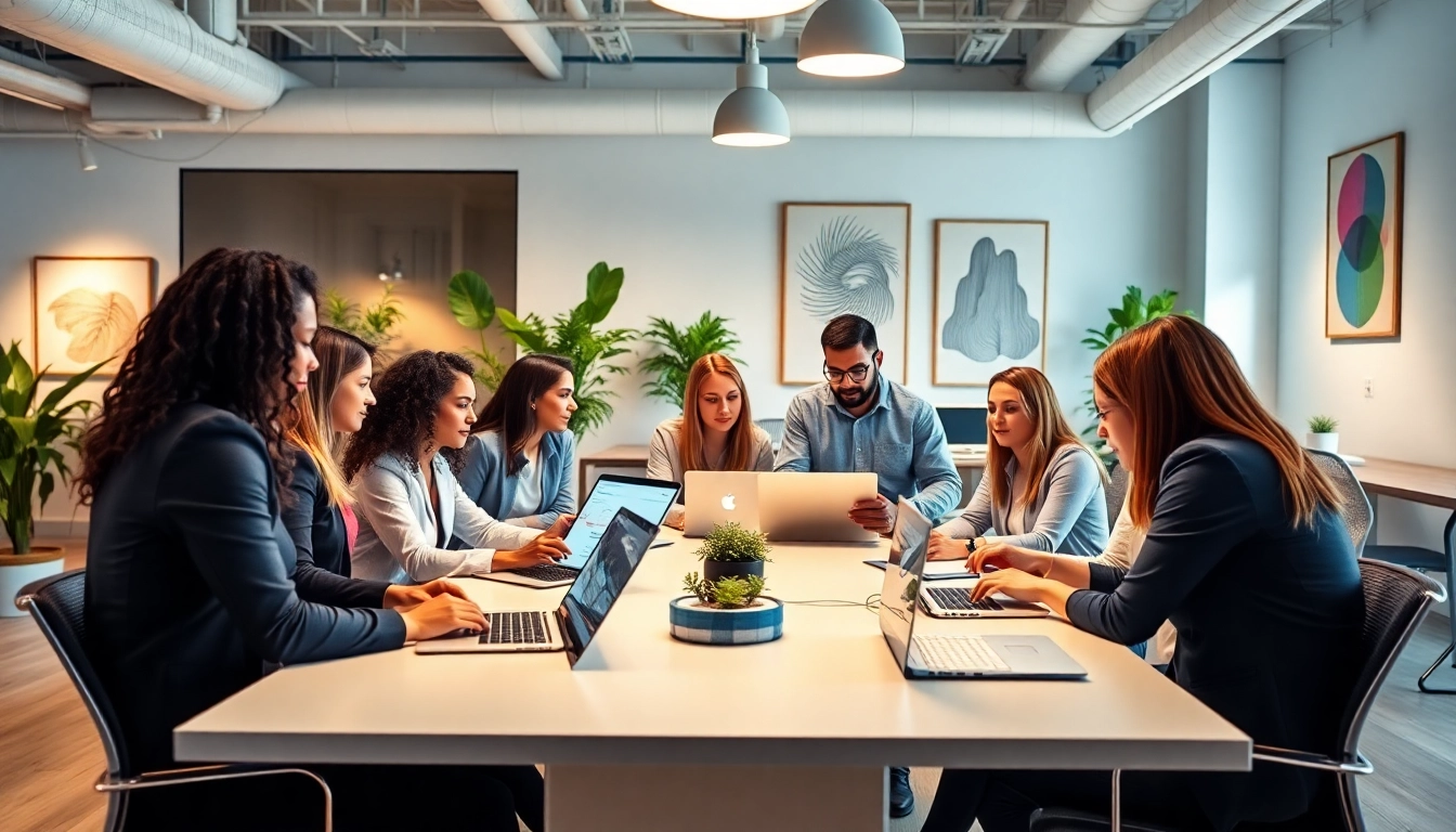 SEO Agency Clearwater team actively collaborating in a modern office setting.