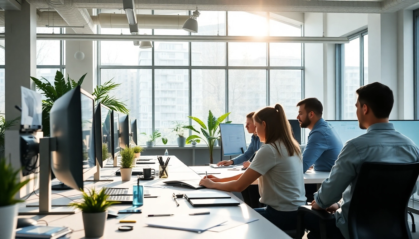 Werbeagentur in einem modernen Büro mit kreativen Mitarbeitern, die an Designprojekten arbeiten.