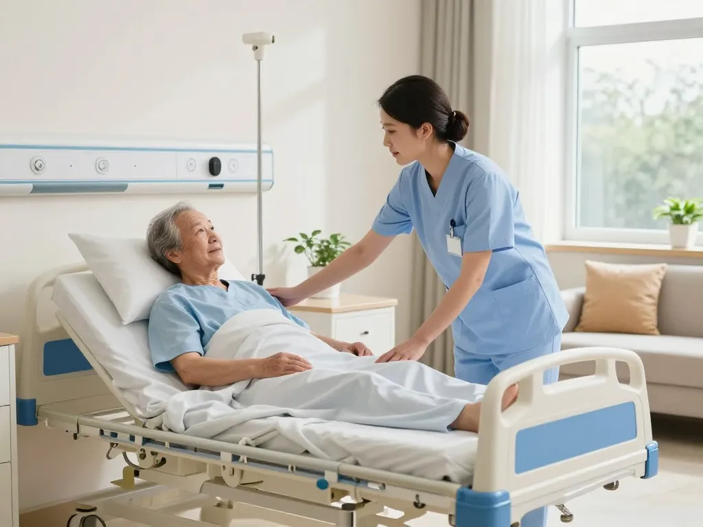 Modern giường bệnh nhân in a healthcare setting being adjusted by a nurse for optimal patient comfort.