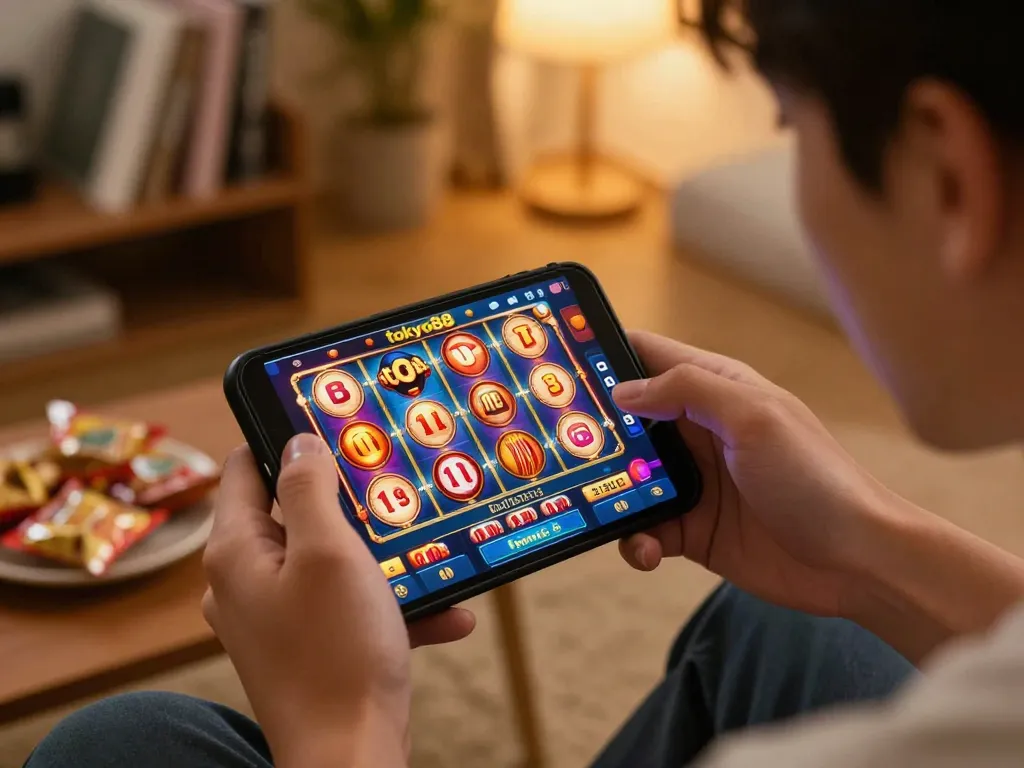 Pemain menikmati slot tokyo88 di smartphone di ruang tamu yang nyaman, menyoroti pengalaman permainan online.