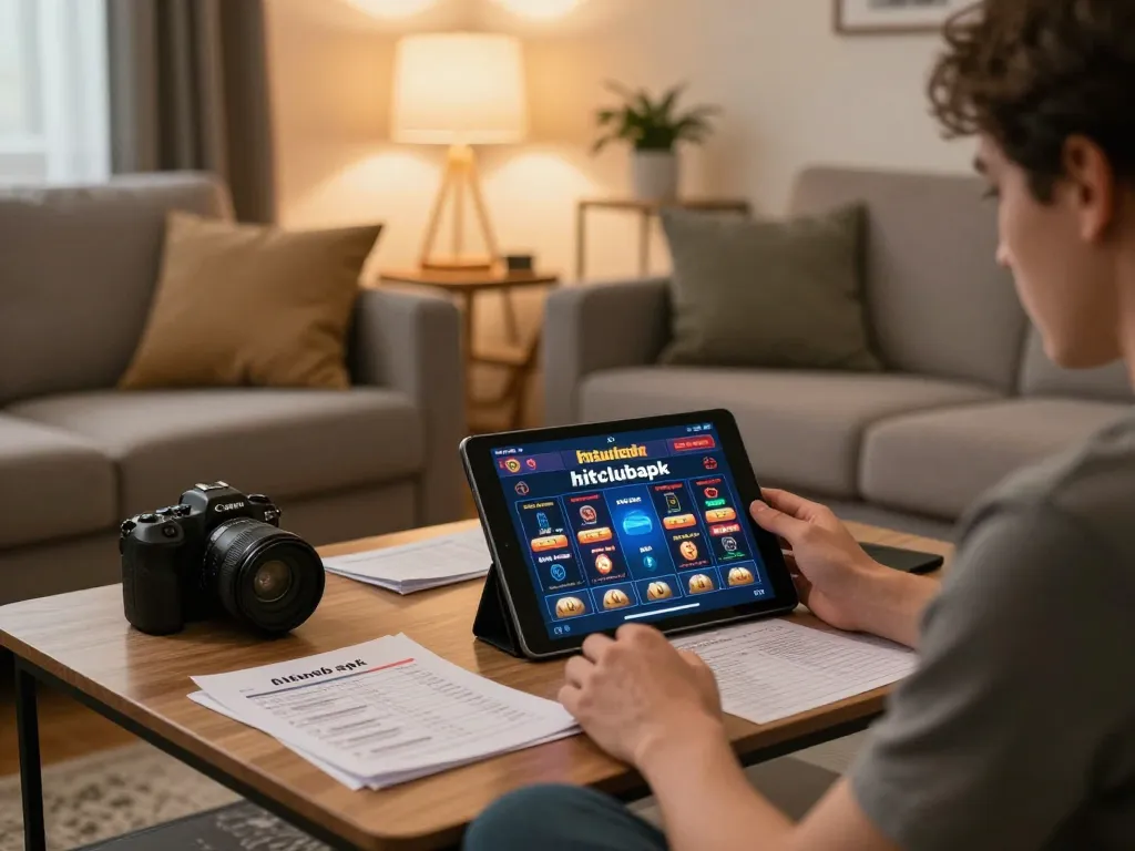 Engaging with hitclubapk on a tablet during a cozy home gaming session.