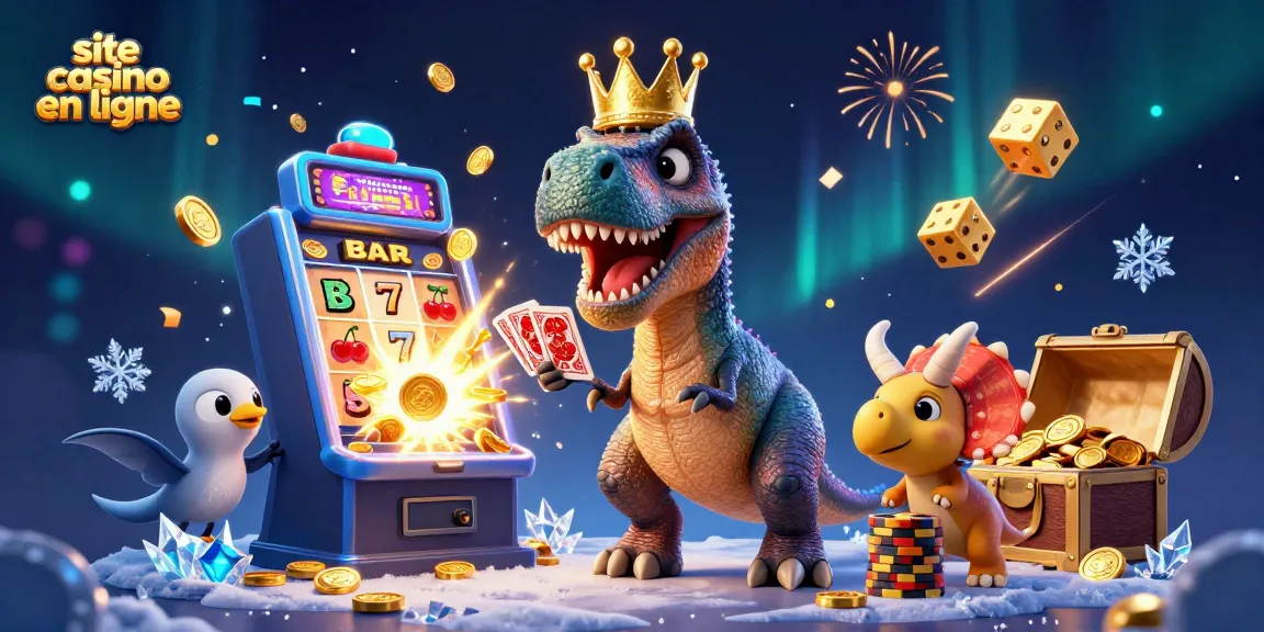 Site casino en ligne avec un T-Rex et un ptérodactyle jouant aux cartes au milieu de pièces d'or et de machines à sous.