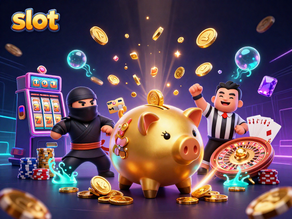 Menang besar dengan slot, ilustrasi 3D koin jatuh dari pemenang celengan.