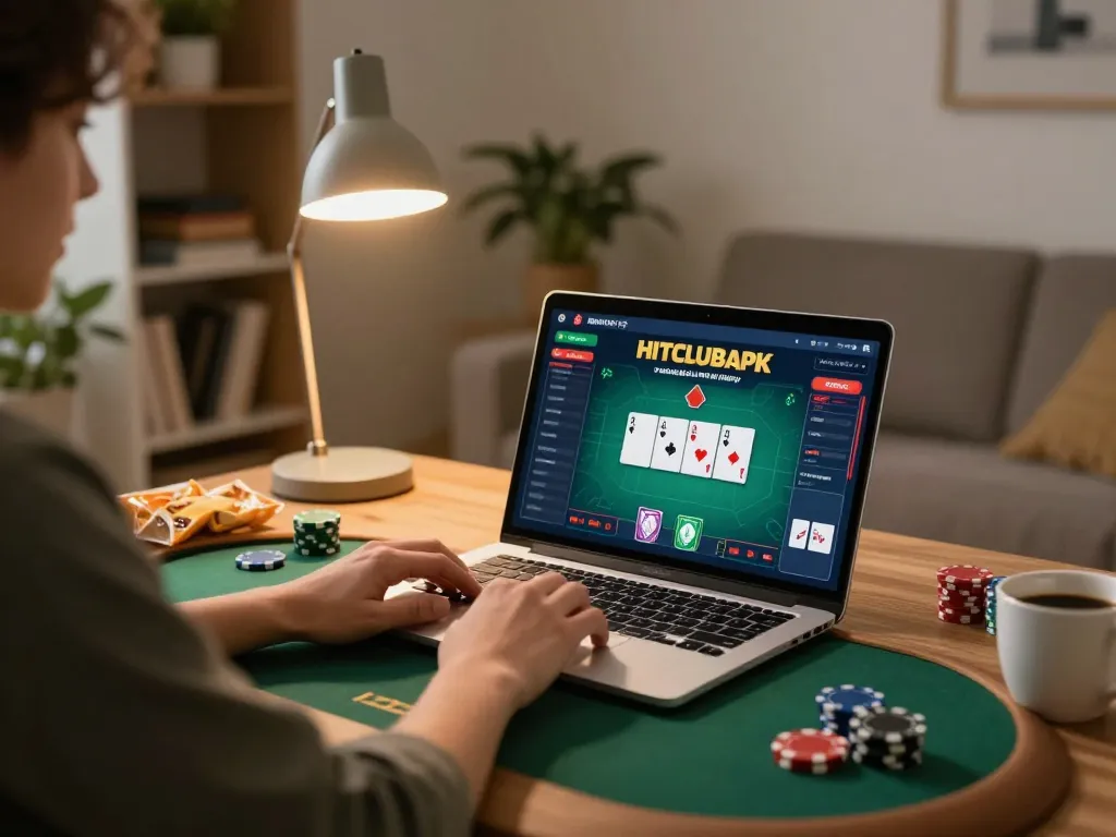 Player engaging in poker on hitclubapk with a laptop, warm home lighting, and an inviting atmosphere