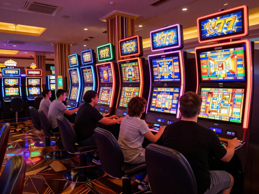 Engaging players enjoying the exciting slot77 machines in a vibrant casino scene.