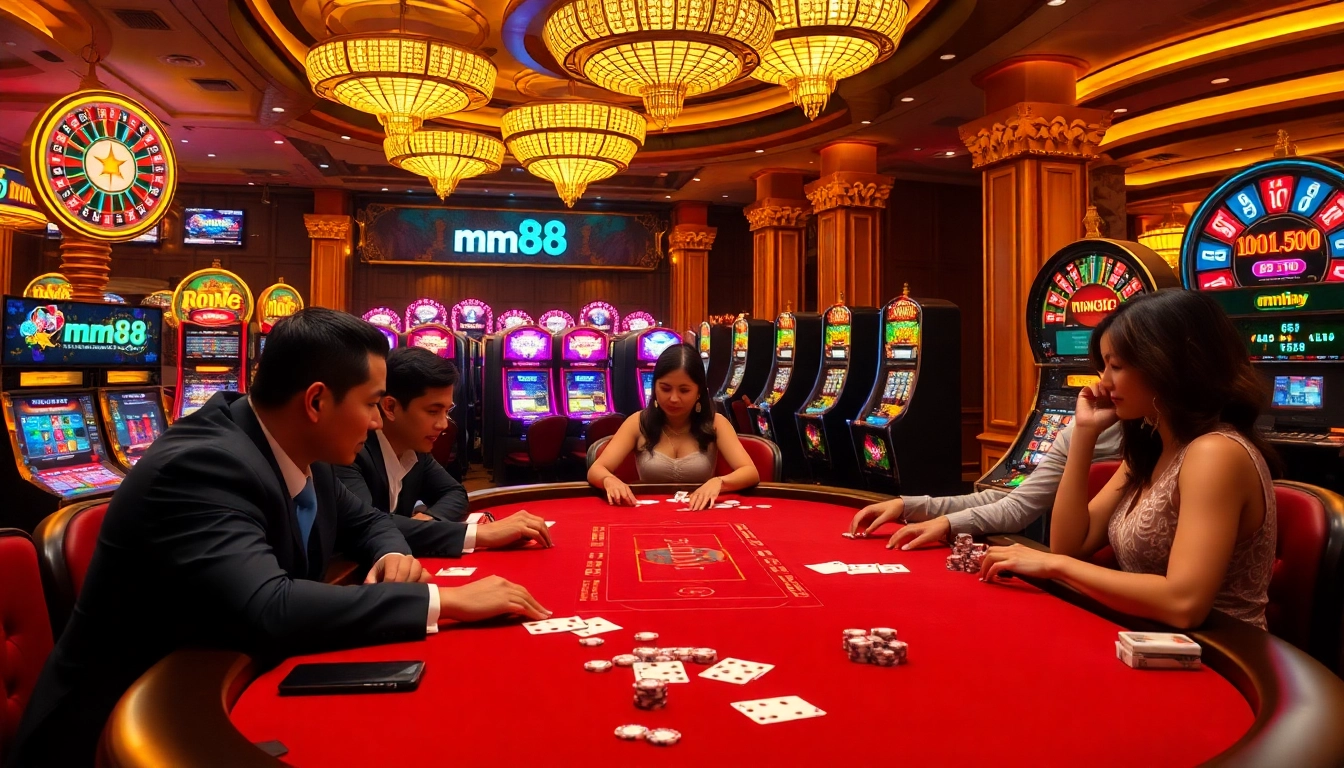 Engaged players at a poker table in a luxurious casino featuring mm88 branding subtly displayed.