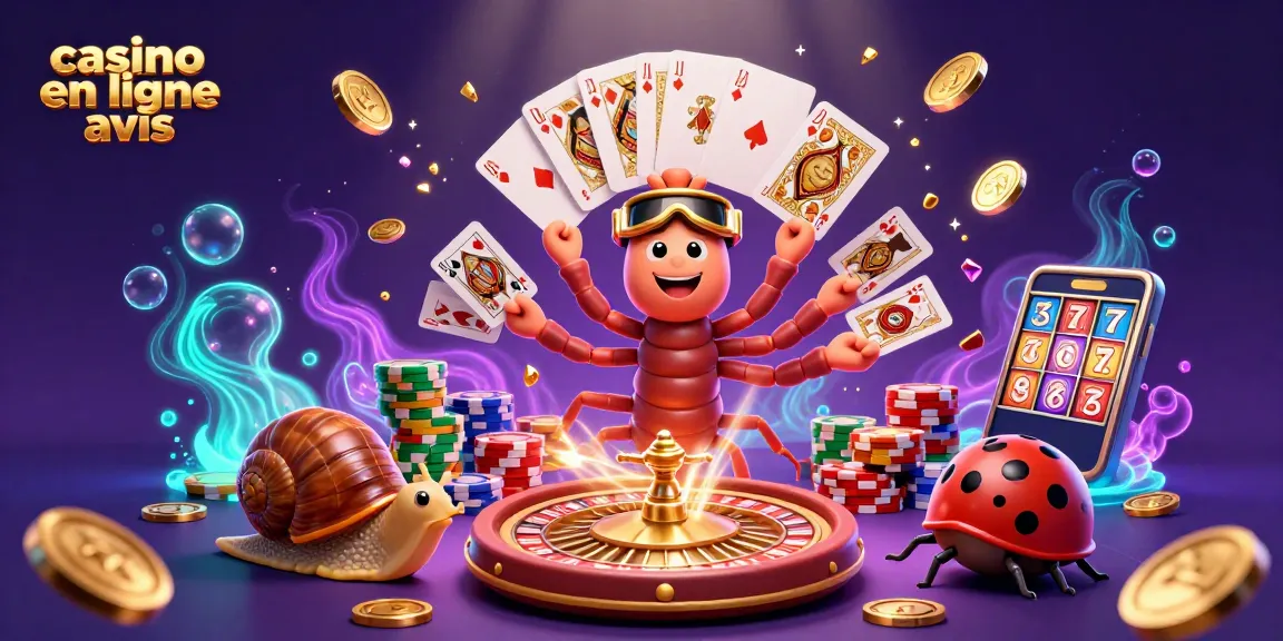 Casino en ligne avis : illustration dynamique d'un millipède croupier avec des cartes de jeu et des jetons colorés.